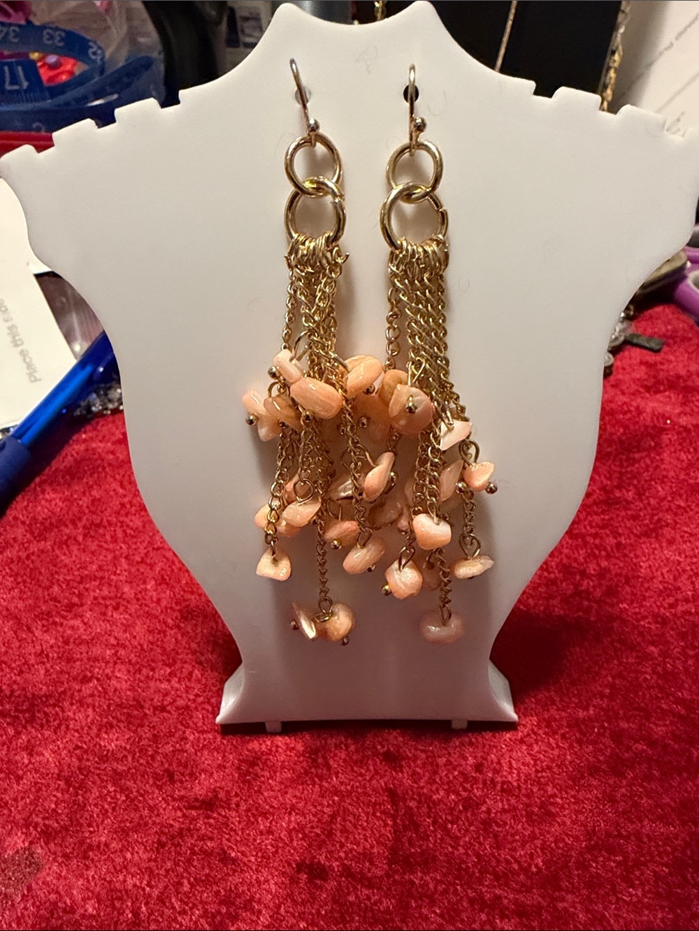 Vintage Gold Chain Drop Earrings with Peach Bead Tassels like new